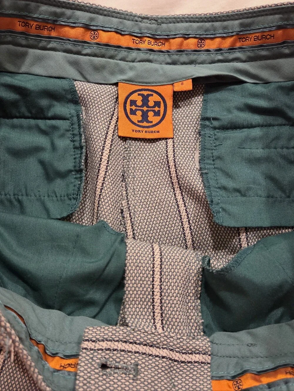 Tory Burch Green And Cream Cropped Ankle Trouser Sz 8 Woven Luxury Designer